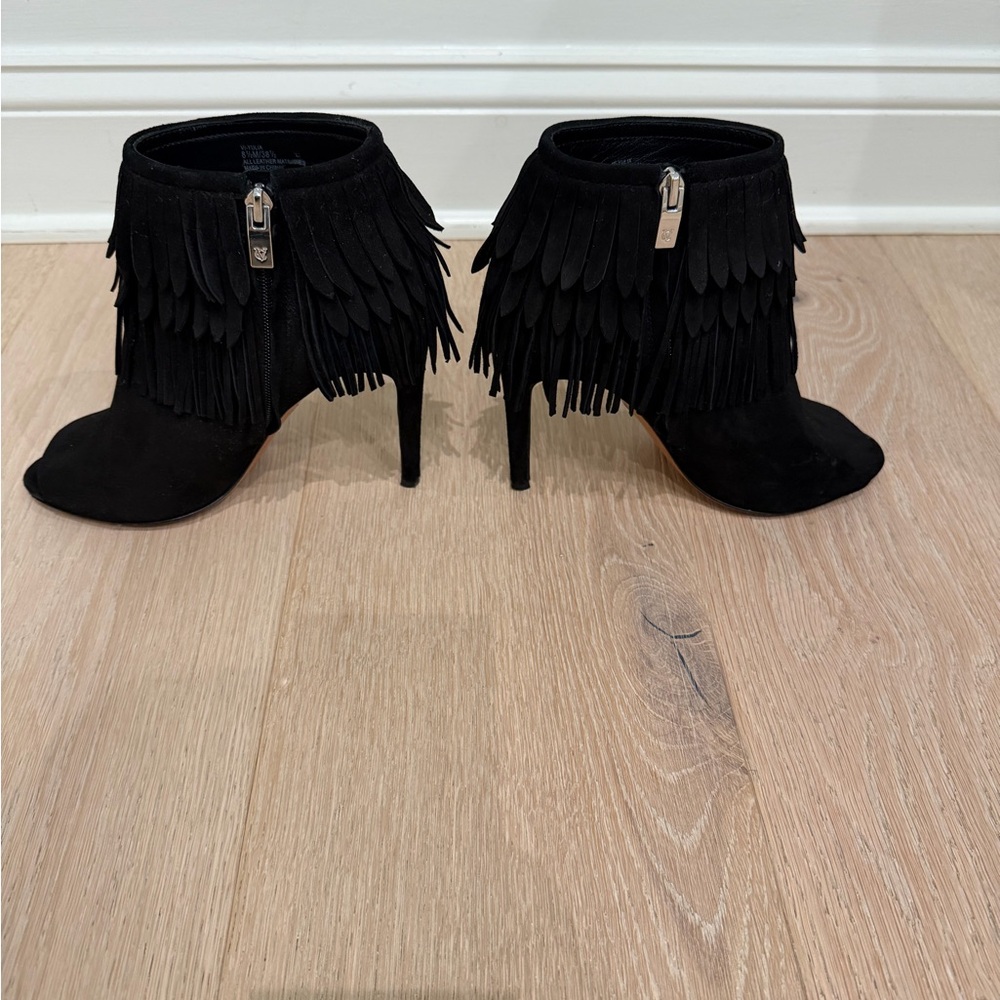 Vince Camuto Peep Toe Suede Fringe Bootie - Picture 2 of 7